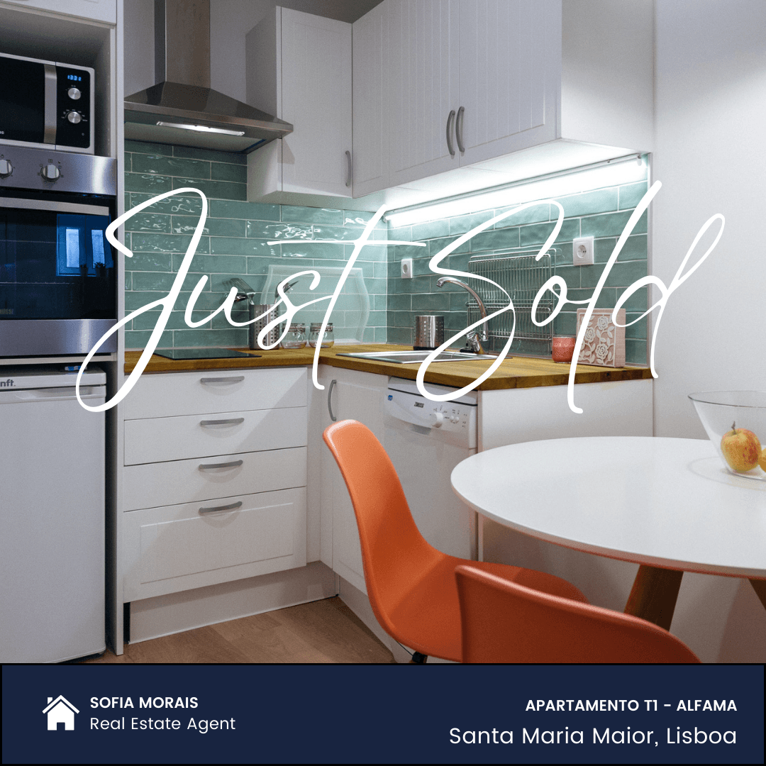 Modern kitchen interior with white cabinets and teal backsplash, 'Just Sold' overlay text.